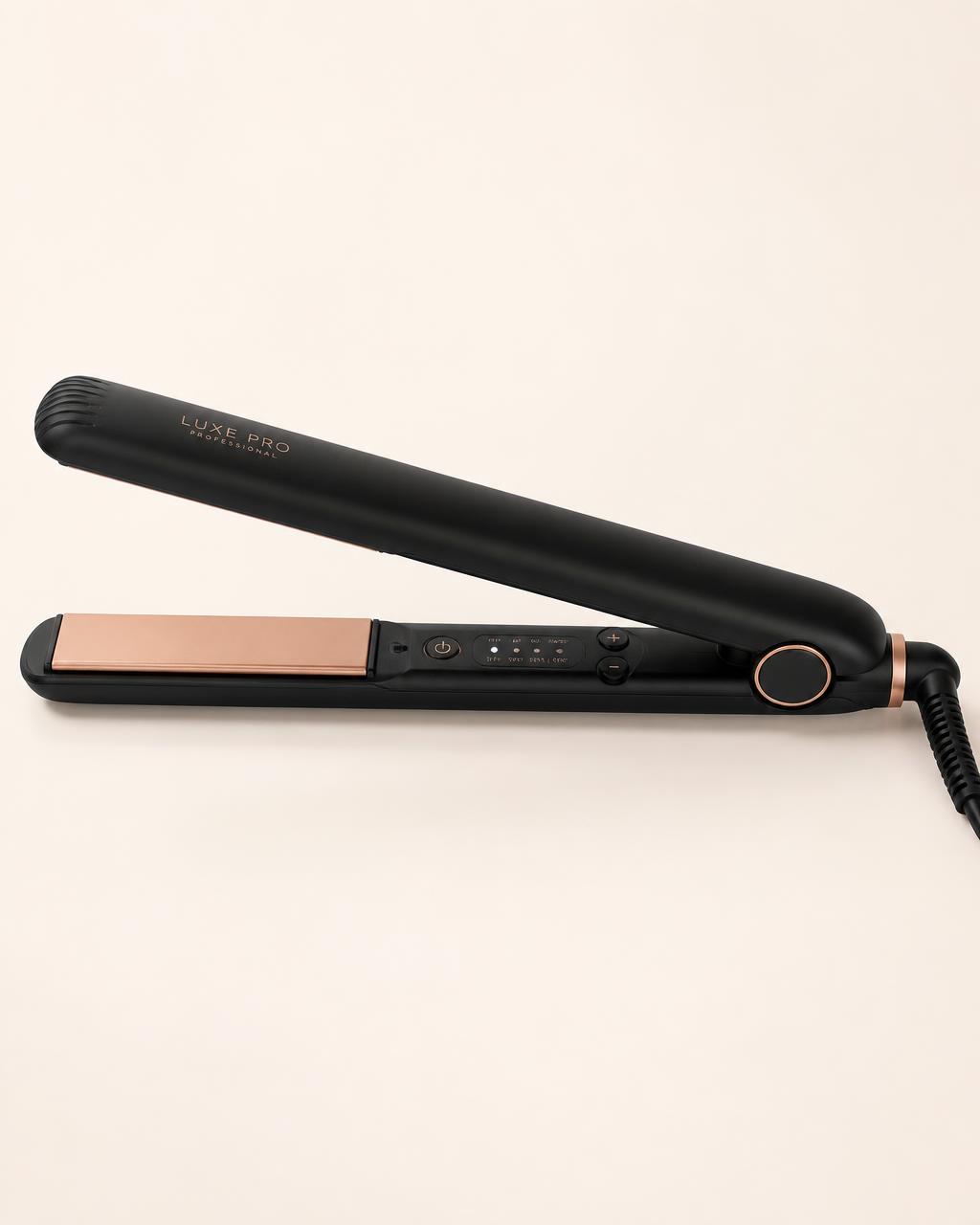 Plancha de pelo profesional negra con placas rose gold (imagen de referencia)