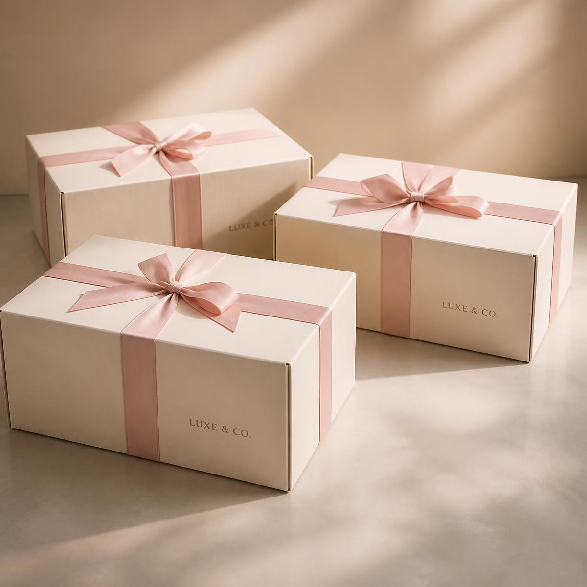 Cajas de envío crema con moños rosados listas para despachar